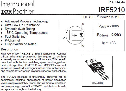 دیتاشیت ماسفت IRF5210 دیتاشیت ترانزیستور IRF5210