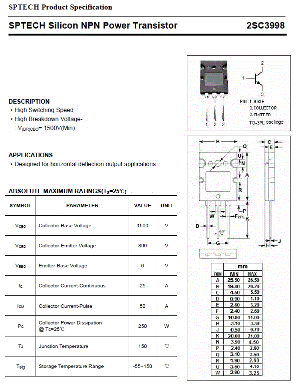 دیتاشیت ترانزیستور 2SC3998 - C3998